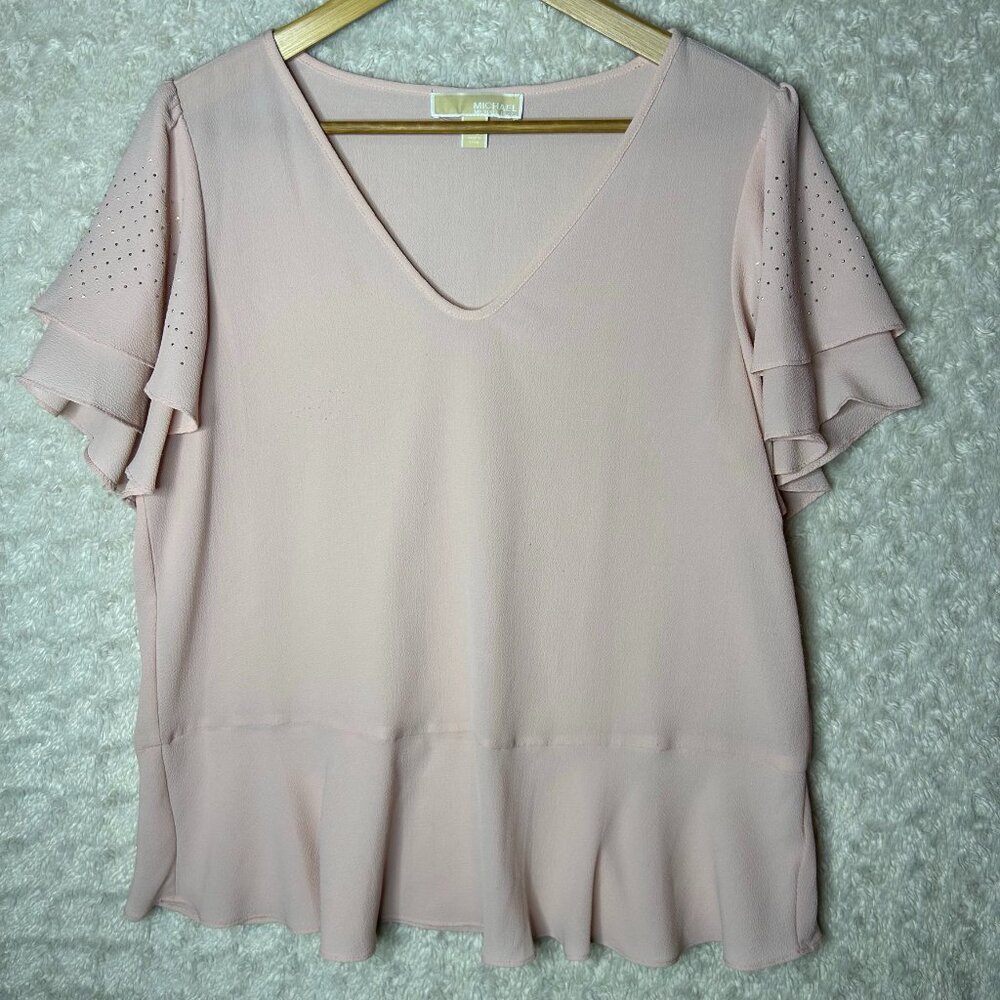 Michael Kors Pink Ruffle Sleeve Top Laser Cutout Blouse Size‎ L